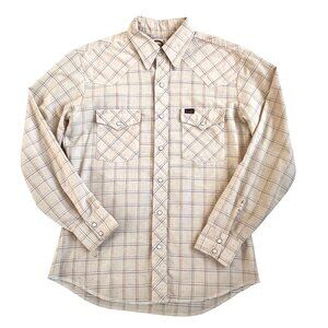 Vintage Wrangler USA Plaid Pearl Snap Western Shirt M Beige Cowboy Ranch